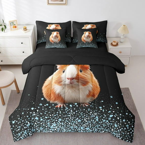 Erosebridal Cute Guinea Pig Bedding Sets Twin Size, Pet Animal Comforter Sets with Sheets, Blue Polka Dots Bedroom Decor, Reversible 7-Piece