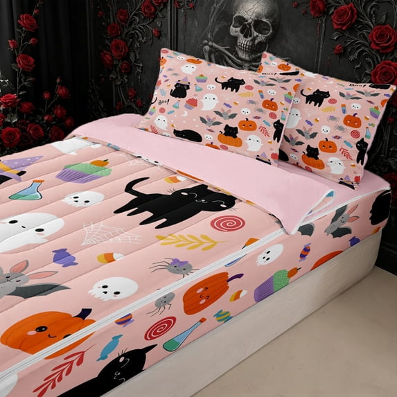 Erosebridal Cute Halloween Ghost Zipper Queen Comforter Set with Fitted Sheet and 2 Pillowcases for Girls, Spooky Cartoon Bat Cat Zipper Bedding Set, Pink Reversible, 4-Piece