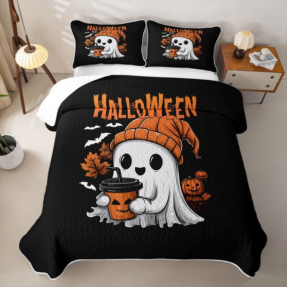 Erosebridal Cute Halloween Pattern Twin Quilt Set,Ghost Pumpkin Drink Twin Coverlet Set For Girls,2pcs