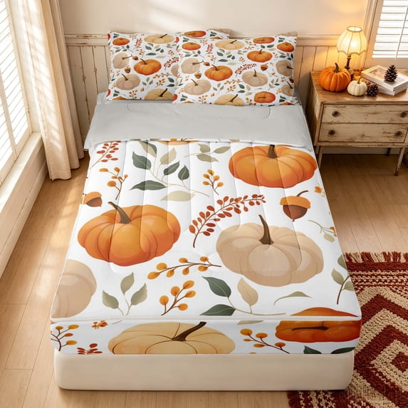 Erosebridal Cute Harvest Pumpkin Zipper Full Size Comforter Sets with Fitted Sheet and 2 Pillowcases, Retro Acorn Leaf Zipper Bedding Set for Boys Girls, Orange Beige White, Gray Reversible