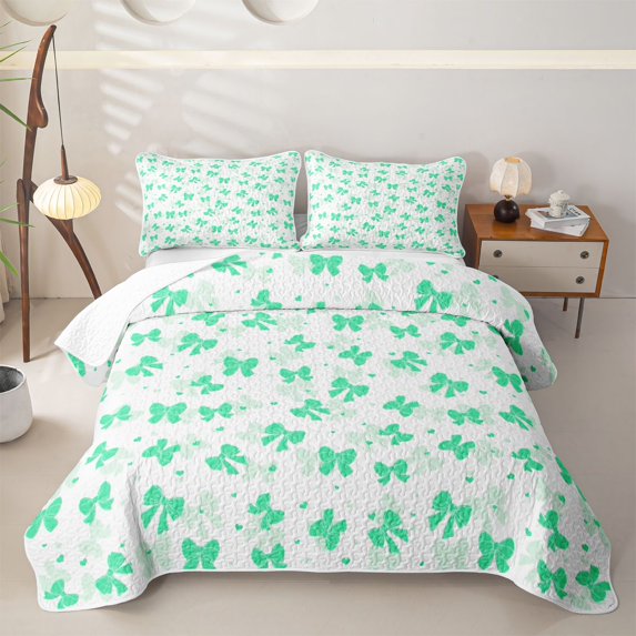 Erosebridal Cute Heart Bow Bed Spread Queen for Women, Mint Green Line Ribbon Queen Coverlet Set, 3pcs