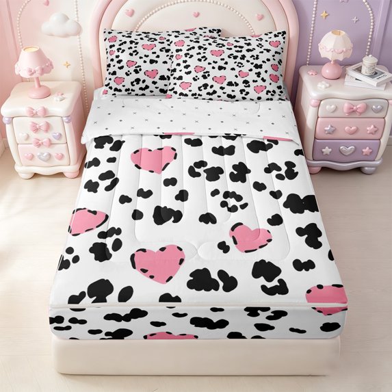 Erosebridal Cute Heart Leopard Zipper Queen Comforter Set with Fitted Sheet and 2 Pillowcases,Pink Heart Cow Spot Zipper Bedding Set For Girls,Reversible,4pcs