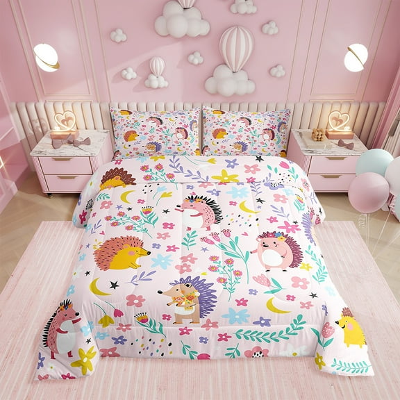 Erosebridal Cute Hedgehog Comforter Sets Twin Size, Botanical Flower Down Comforter, Reversible, 2-Piece