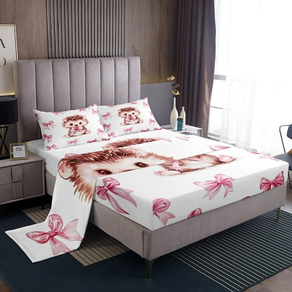 Erosebridal Cute Hedgehog Sheet Set Twin, Kawaii Animal Bedding Sets Twin Size, Cartoon Bow Room Decor