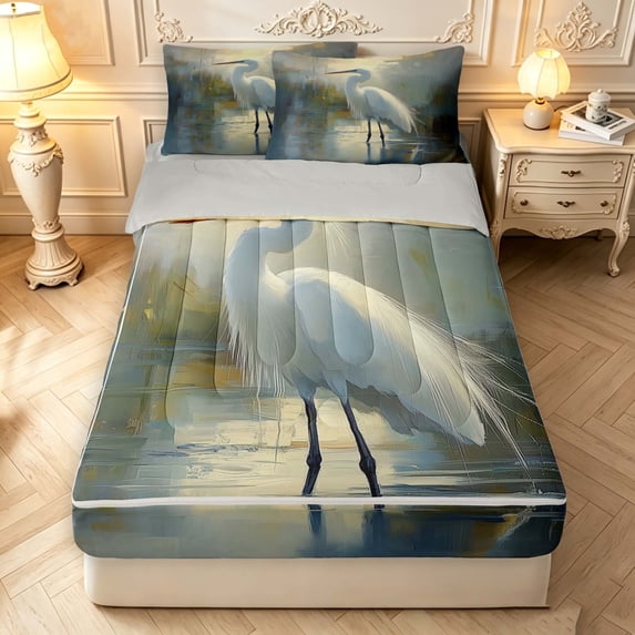 Erosebridal Cute Heron Bird Zipper Twin Comforter Sets with Fitted Sheet and 2 Pillowcases,Boho Animals Zipper Bedding Set,White Yellow,Light Gray Reversible,4pcs