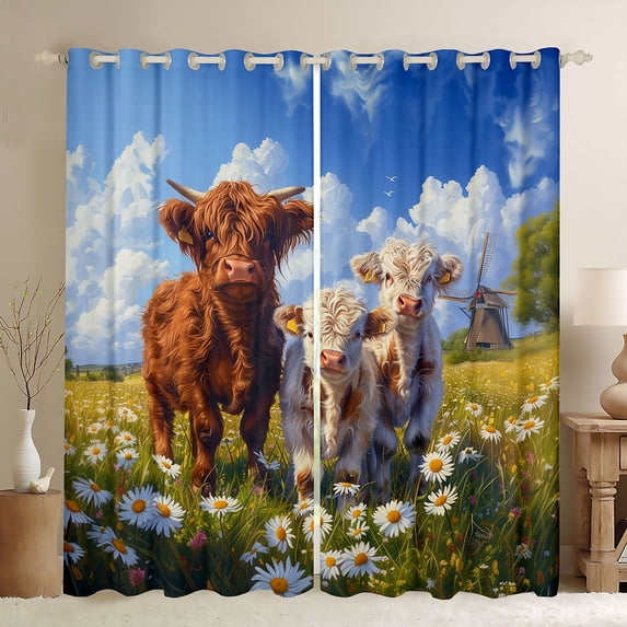 Erosebridal Cute Highland Bull Black Out Curtains for Kids, Rustic Windmill Daisy Curtains Pack of 2 (42x63 Each)
