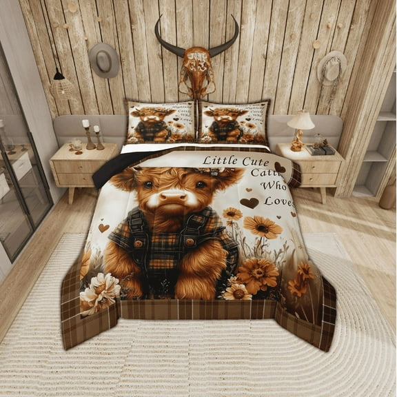 Erosebridal Cute Highland Cattle Comforter Sets Twin Size, Cartoon Farm Animal Comforters & Duvets, Chic Flower Room Decor, Reversible 2pcs