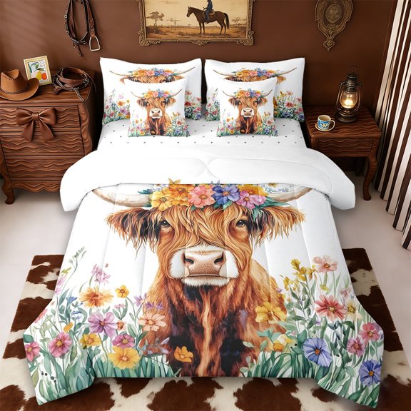 Erosebridal Cute Highland Cow 7-Piece Twin Bedding Sets,Cartoon Animal Colorful Flower Print Bedding Comforter Set For Boys Kids,Reversible