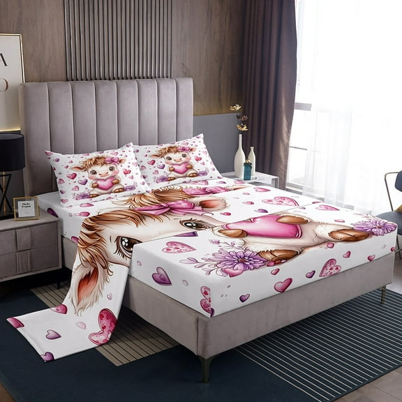 Erosebridal Cute Highland Cow Bed Sheets Set Twin Size, Kawaii Love Hearts Bedding Sets Twin Size 3 Pieces