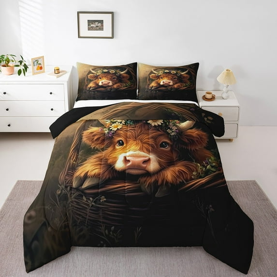 Erosebridal Cute Highland Cow Bedding King Comforter Set,Farm Animal Bedding Sets King with Comforter,Floral Flower Decor,Reversible,Lightweight,3 Pieces