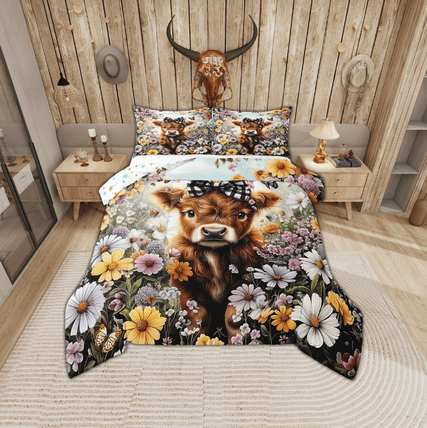 Erosebridal Cute Highland Cow Bedding Sets Twin with Comforter, Colorful Garden Flower Duvet Insert, Reversible 2 Pieces
