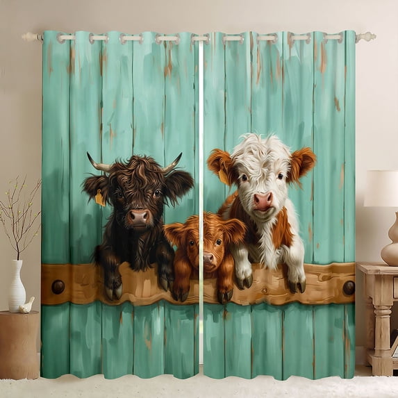 Erosebridal Cute Highland Cow Blackout Curtains Set of 2 (52x84 Each) for Kids Boys Girls, Teal Old Barn Door Window Curtains