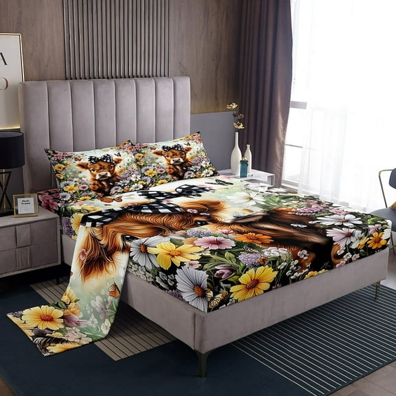 Erosebridal Cute Highland Cow Sheet Set Twin , Colorful Garden Flower Bedding Sets Twin Size 3 Pieces