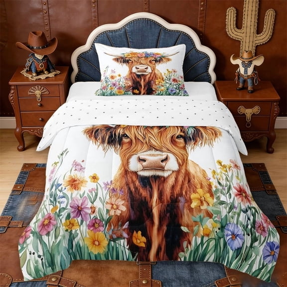 Erosebridal Cute Highland Cow Twin Comforter Sets,Cartoon Animal Colorful Flower Print Bedding Set For Boys Kids,Reversible,2-Piece