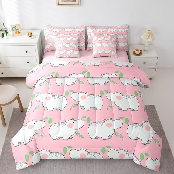 Erosebridal Cute Hippo Bed in a Bag Full size, Pink Cartoon Bedding Full Size, Kawaii Animal Reversible Bed Set, Ultra Soft Room Decoration, 7 Pieces