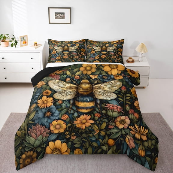 Erosebridal Cute Honey Bee Bedding Full Comforter Set,Plant Flower Daisy Down Comforter,Wild Animal Wildlife Bedding Sets Full with Comforter,Super Cozy Room Decoration Reversibleļ¼3 Pieces