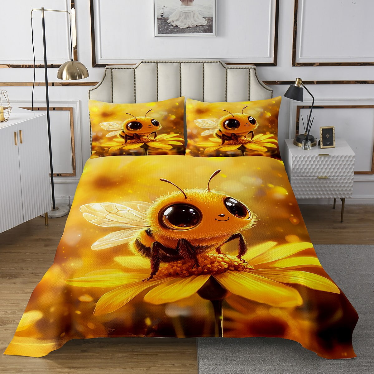 Erosebridal Cute Honey Bee Bedspread Sets Queen Size Gold Floral erosebridal-cute-honey-bee-bedspread-sets-queen-size-gold-floral