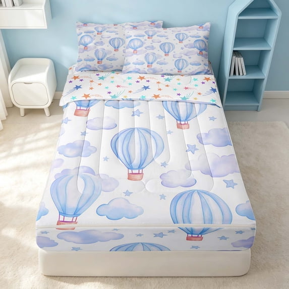 Erosebridal Cute Hot Air Ballon Zipper Full Size Comforter Sets with Fitted Sheet and 2 Pillowcases, Romantic Love Zipper Bedding Set, Stars Reversible, Sky Blue White, Stars Reversible