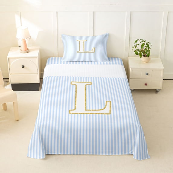 Erosebridal Cute Initial L Twin Sheet Sets for Kid, Fashion Blue Stripe Bedding, 3pcs