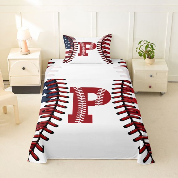 Erosebridal Cute Initial P Kids Twin Sheet Sets, Baseball Football Bedding, White Red, 3-Piece