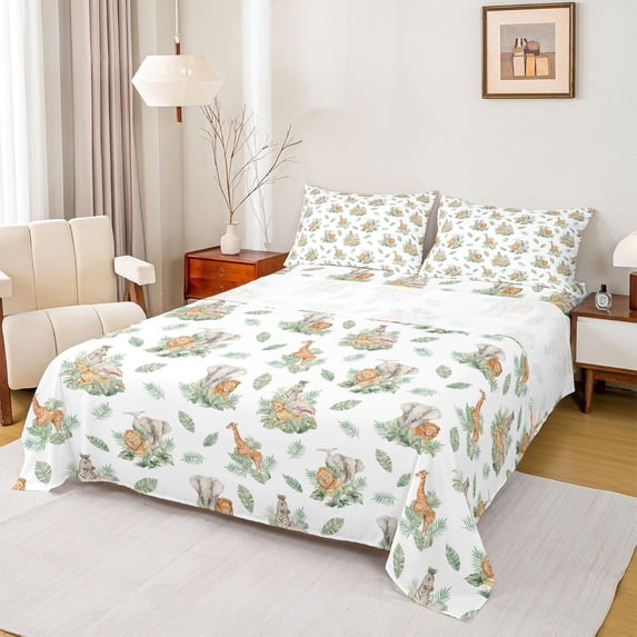 Erosebridal Cute Jungle Animal Queen Sheet Sets, Cartoon Elephant Lion Bed Set, 4-Piece