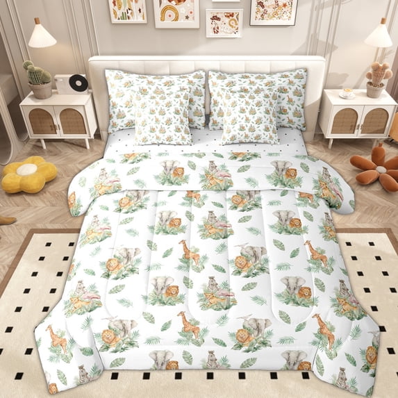Erosebridal Cute Jungle Animal Twin Bedding Sets 7-Piece, Cartoon Elephant Lion Bedding Comforter Set