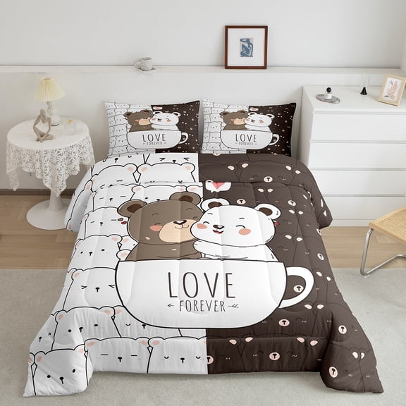 Erosebridal Cute Kawaii Bear Comforter Sets Twin Size,Princess Patchwork Pattern Comforters & Duvets,White Brown Bedding Twin Comforter Set For Girly Teens,Super Cozy Princess Room Decorative,2-Piece
