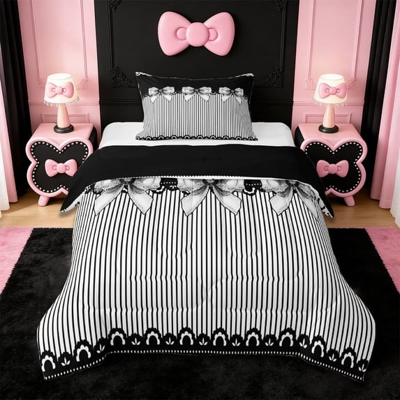 Erosebridal Cute Kawaii Bowknots Twin Comforter Sets,Modern Geometric Lines Bedding Set For Bowknot Lovers, Reversible 2-Piece
