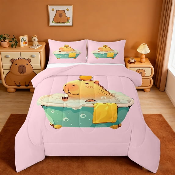 Erosebridal Cute Kawaii Capybara Queen Comforter Set For Capybara Lovers Queen Comforter Set,Orange Fruit Bedding Comforter Set For Kids Girls ,Reversible Pink 3 Pieces