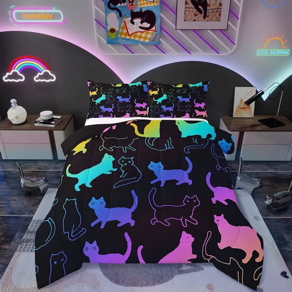 Erosebridal Cute Kitten Cat Bedding Twin Size Cartoon Pet Animal Comforter Set Twin, Ultra Soft 2Pcs, Comforter + Pillowcase, Black