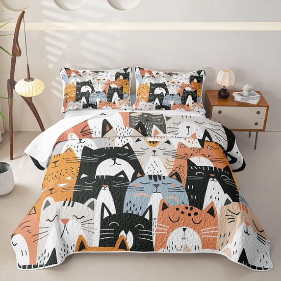 Erosebridal Cute Kitten Twin Quilt Set for Boys Girls, Simple Cartoon Theme Twin Coverlet Set, 2 Pieces