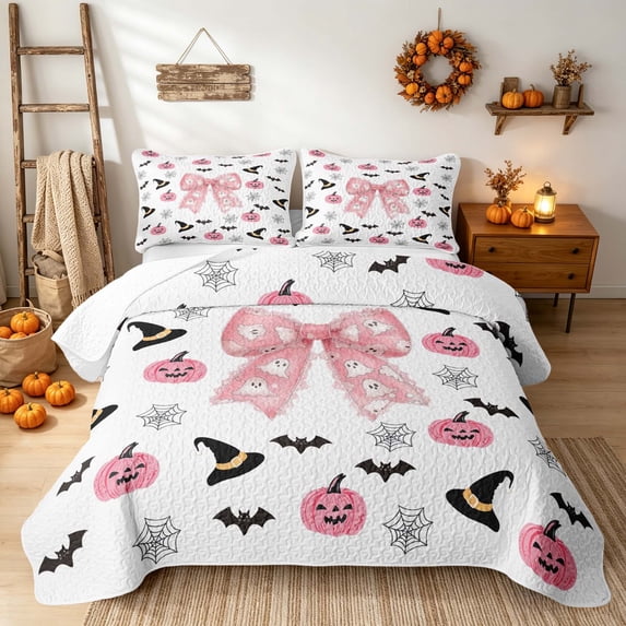 Erosebridal Cute Lace Bow Bed Spread Queen, Happy Halloween Pumpkin Bat Queen Coverlet Set for Girls, White Baby Pink, 3pcs 1 Quilt and 2 Pillowcases