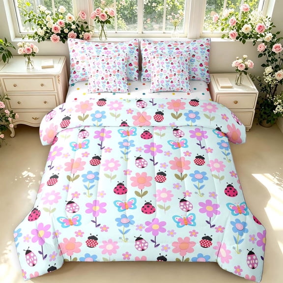 Erosebridal Cute Ladybug 7-Piece King Bedding,Kawaii Floral King Bed in a Bag,Blue Pink,Polkadot Reversible