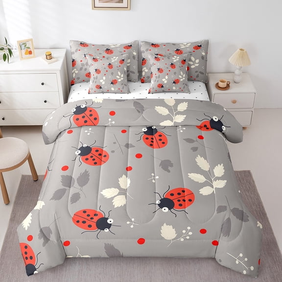 Erosebridal Cute Ladybug Bed in a Bag King Size, Kawaii Animal Bed Set, Wildlife Room Decorative, Reversible 7pcs