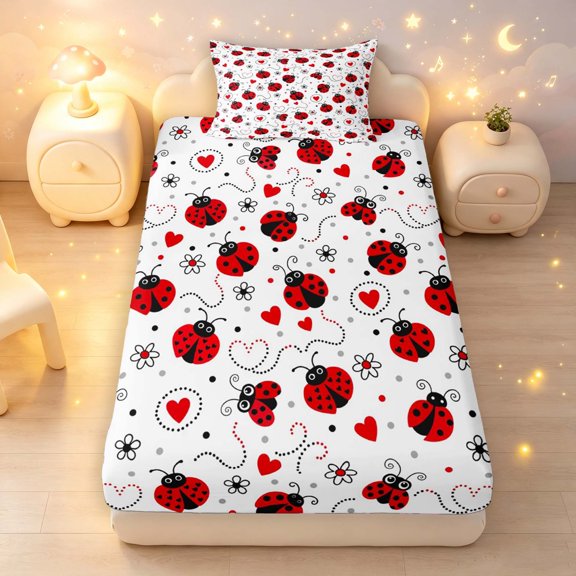 Erosebridal Cute Ladybug Fitted Sheet Full,Cartoon Daisy Floral Bed Set,White Gray,3pcs,1 Fitted Sheet and 2 Pillowcases