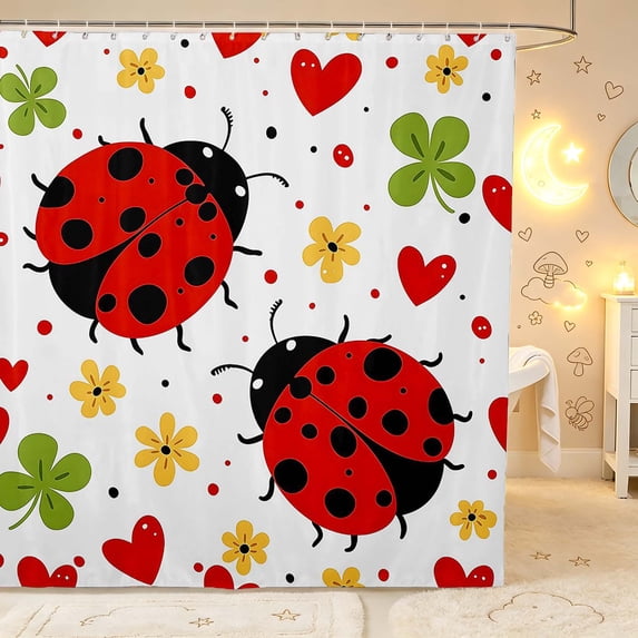 Erosebridal Cute Ladybug Shower Curtain 72Wx78L,Kawaii Daisy Flower Bath Curtain,White Yellow