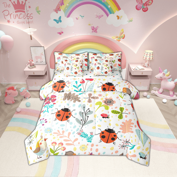 Erosebridal Cute Ladybug Twin Size Comforter Set 7 Piece With Sheets Cartoon Red Ladybird Bed In A Bag Botanical Floral Insect Bedding Set Nature Kawaii Sheet Set With Comforter