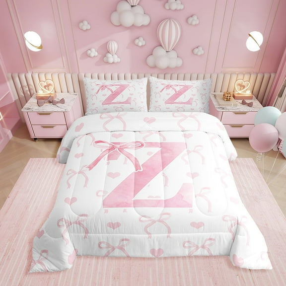 Erosebridal Initial A-Z Comforter Sets Twin Size, Initial Letter Z Comforters & Duvets, Girly Princess Bow Decor, Reversible