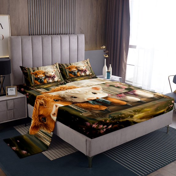 Erosebridal Cute Little Highland Cow Bed Sheets King, Rustic Swing Pink Floral Bedding Sets King Size, Farmhouse Decor 4 Pieces