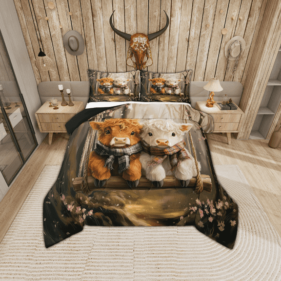 Erosebridal Cute Little Highland Cow Bedding Sets Twin with Comforter, Rustic Swing Pink Floral Duvet Insert, Farmhouse Decor, Reversible 2 Pieces