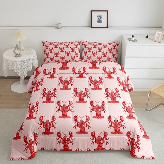 Erosebridal Cute Lobster Bedding Sets King with Comforter, Ocean Crawfish Duvet Insert， Sealife Decor, Reversible 3-Piece