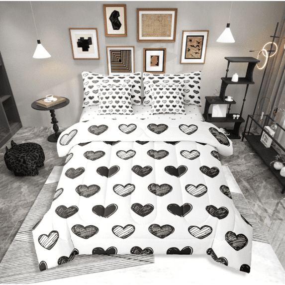Erosebridal Cute Love King Comforter Set 7 Piece,Black and White Romantic Bed in a Bag,Kawaii Heart Shaped Sheet Set with Comforter,Graffiti Style Love Heart Bed Sets