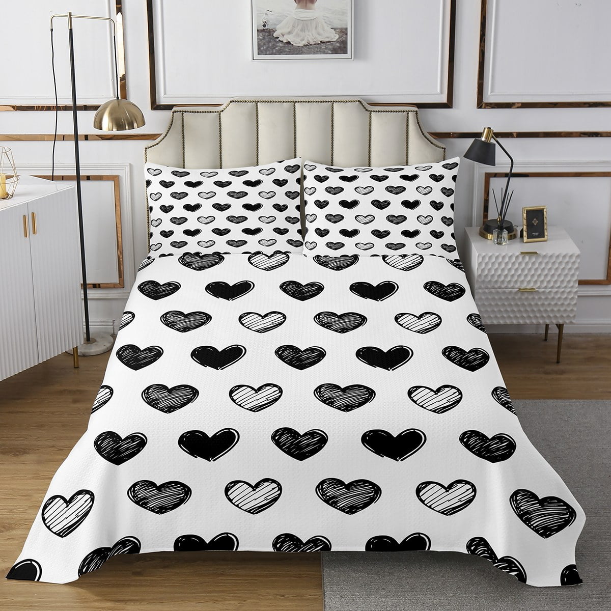 Erosebridal Cute Love Queen Quilt Set,Black and White Romantic ...