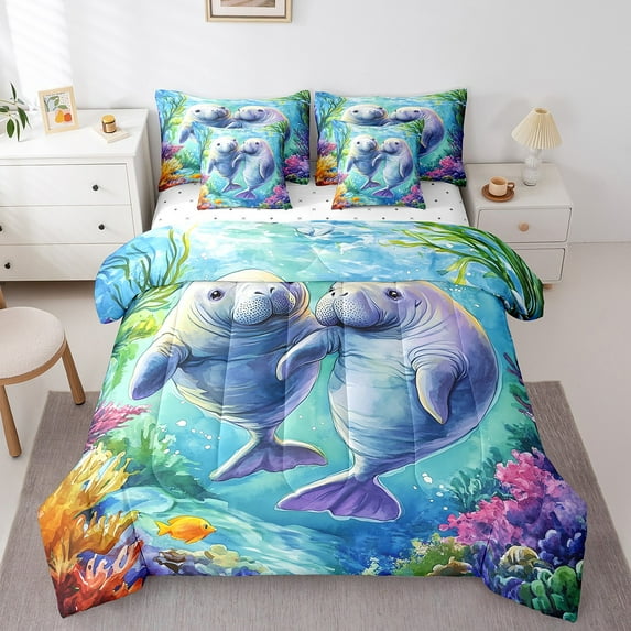 Erosebridal Cute Manatee Comforter Set Queen 7 Pieces Cartoon Ocean Animal Fish Sea Creatures Bedding Set Marine life Sealife Bed in a Bag with Comforter,Sheets