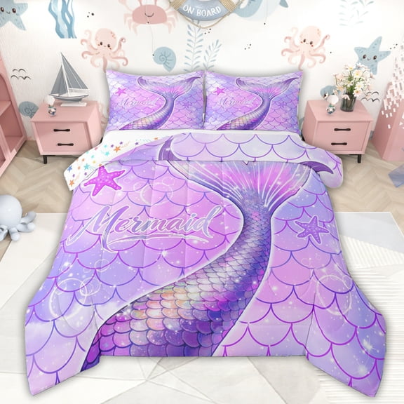 Erosebridal Cute Mermaid Princess Queen Comforter Set, Fish Scale Bedding Comforter Set, Purple, 3pcs