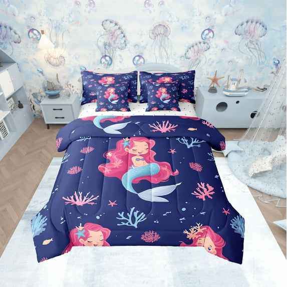 Erosebridal Cute Mermaid Twin 7 Piece Comforter Set ,Girly Princess Mermaid Bed in a Bag ,Coastal Coral Starfish Sealife Sheet Set,Mermaid Tail Bed Set for Bedroom,Dark Blue