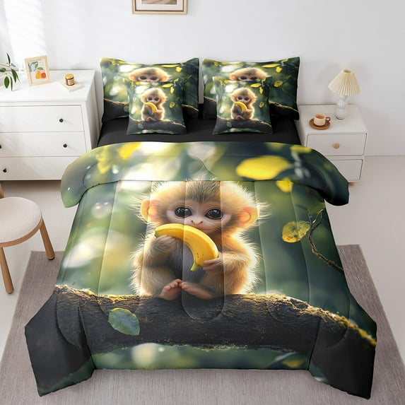 Erosebridal Cute Monkey Bed in a Bag Full Size, Lovely Animal Bed Set, Woodland Wildlife Bedroom Decor, Reversible 7-Piece