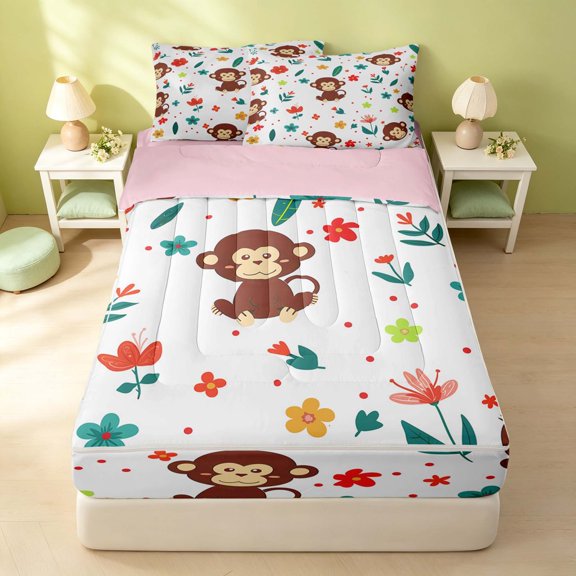 Erosebridal Cute Monkey Zipper Full Size Comforter Sets with Fitted Sheet and 2 Pillowcases, Cartoon Floral Animal Zipper Bedding Set, Pink Reversible, Cocoa Brown, Pink Reversible