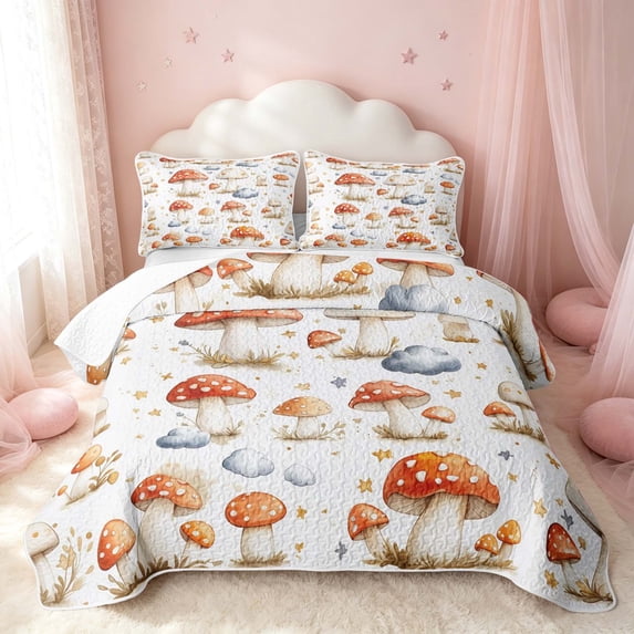 Erosebridal Cute Mushroom Quilt King, Cartoon Botanical Plant King Coverlet Set, Polka Dots Reversible, Red Ivory Sky Blue, 3 Pieces (1 Bedspread and 2 Pillowcases)