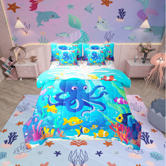 Erosebridal Cute Octopus Bedding Sets Twin Size, Cartoon Sealife Comforter Sets with Sheets, Yellow Fish Reversible Bed Set, Breathable Bedroom Decor, 7 Pieces